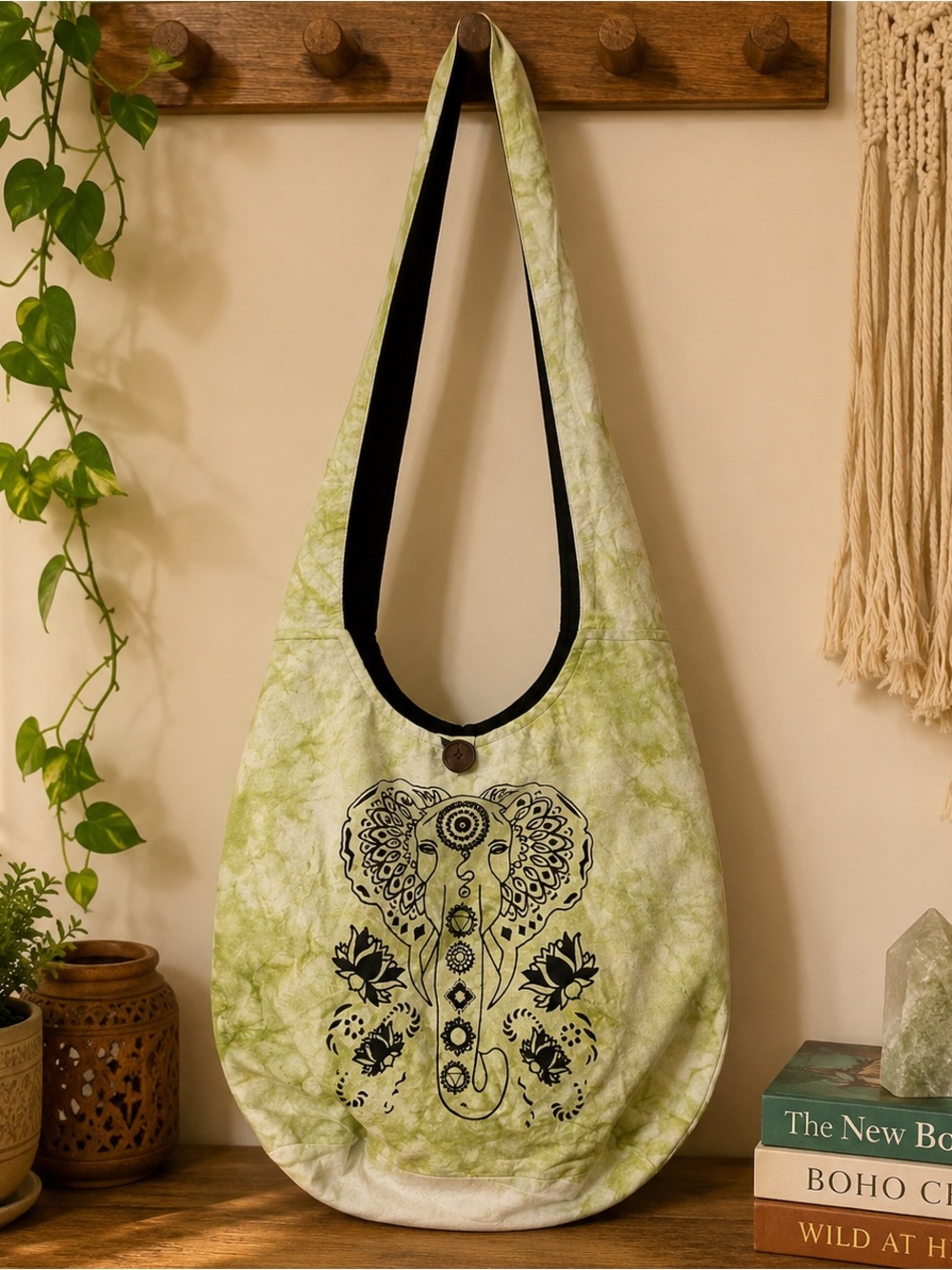 Tie-Dye Green and White Boho Shoulder Bag with Black Mandala Print